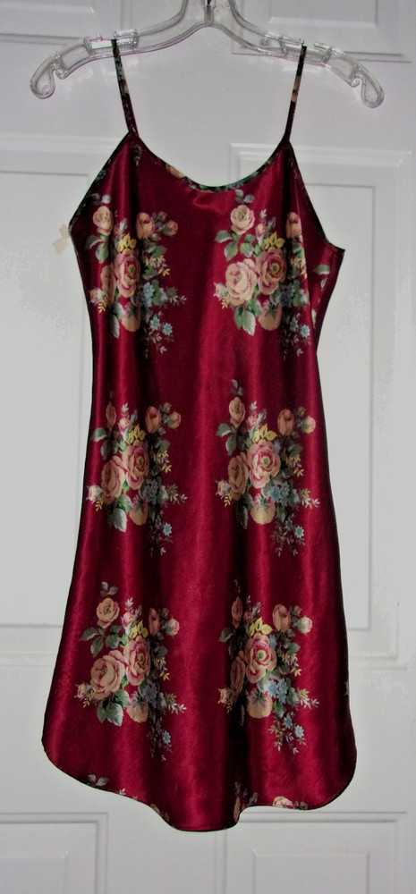 Kathryn wine satin night gown pink rose womens M - L slip dress chemise romantic