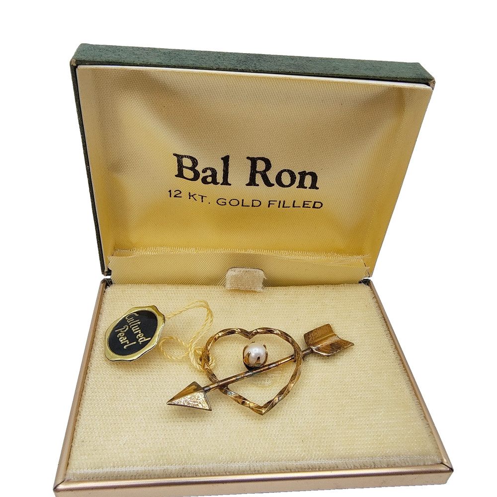 Vintage Bal Ron Open Heart Arrow Brooch 1/20 12K Gold Filled Cultured Pearl READ