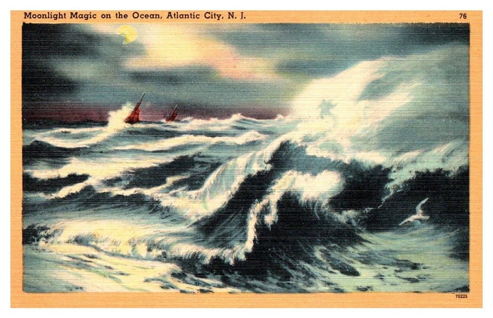c1940 Moonlight Magic On The Ocean Atlantic City New Jersey Vintage Postcard