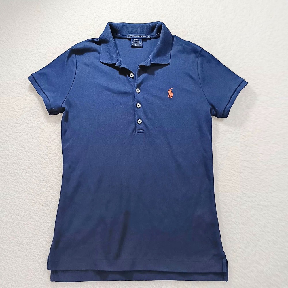 Ralph Lauren Sport Polo Shirt Women's M Slim Fit Navy Blue Orange Pony Preppy