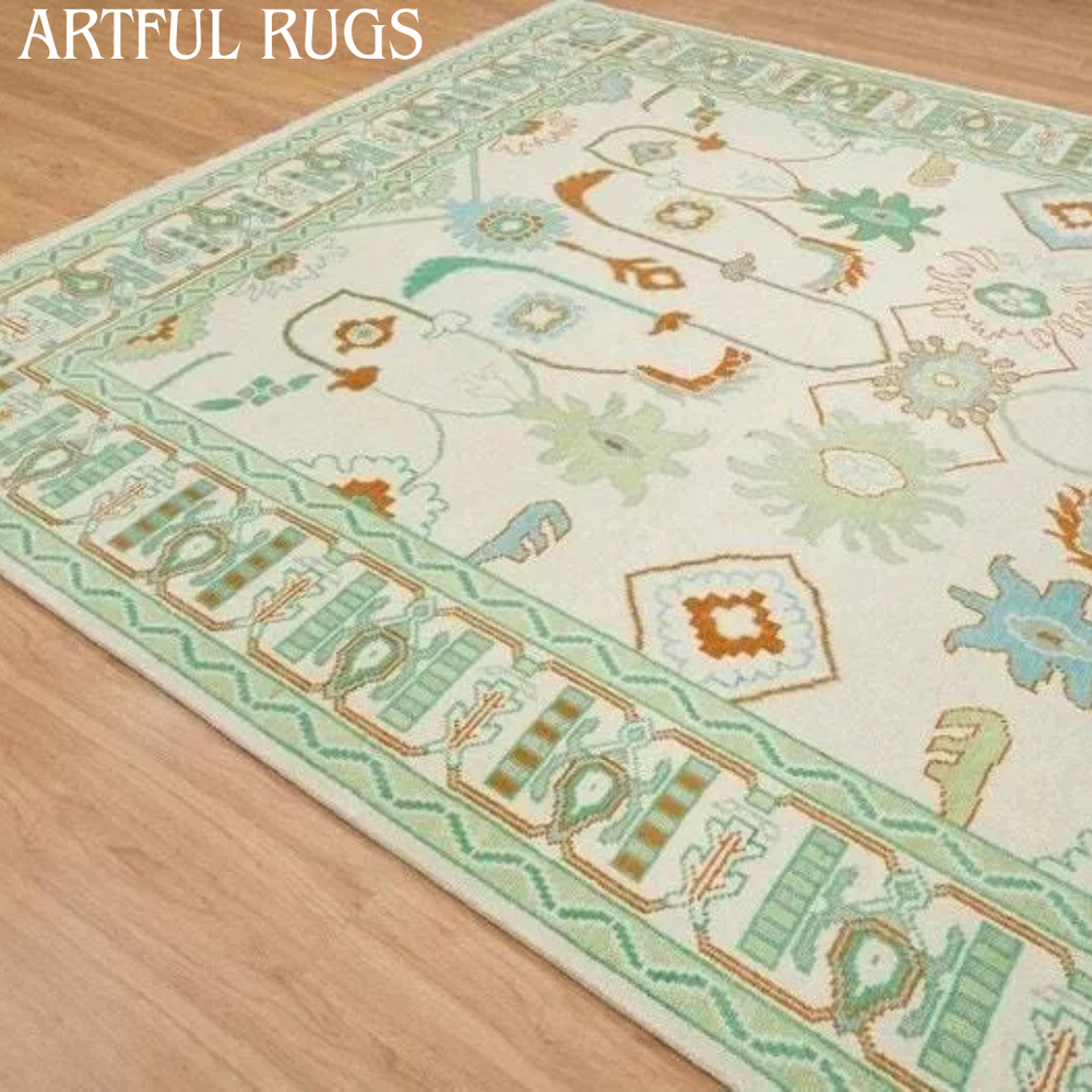 Hand Knotted Green Oushak Rug Contemporary Living Room Area Craft