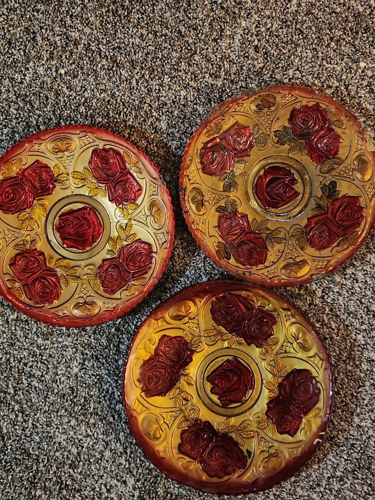 3 Antique Goofus Glass Plates Red Roses On Gold,  Indiana Glass, Scalloped Edges
