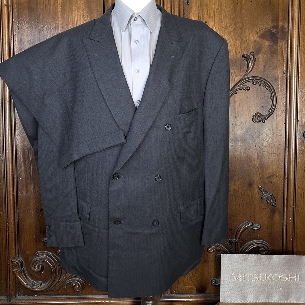Mitsukoshi 2 Piece Suit Mens 52L 46X29 Dark Charcoal Double Breasted Wool