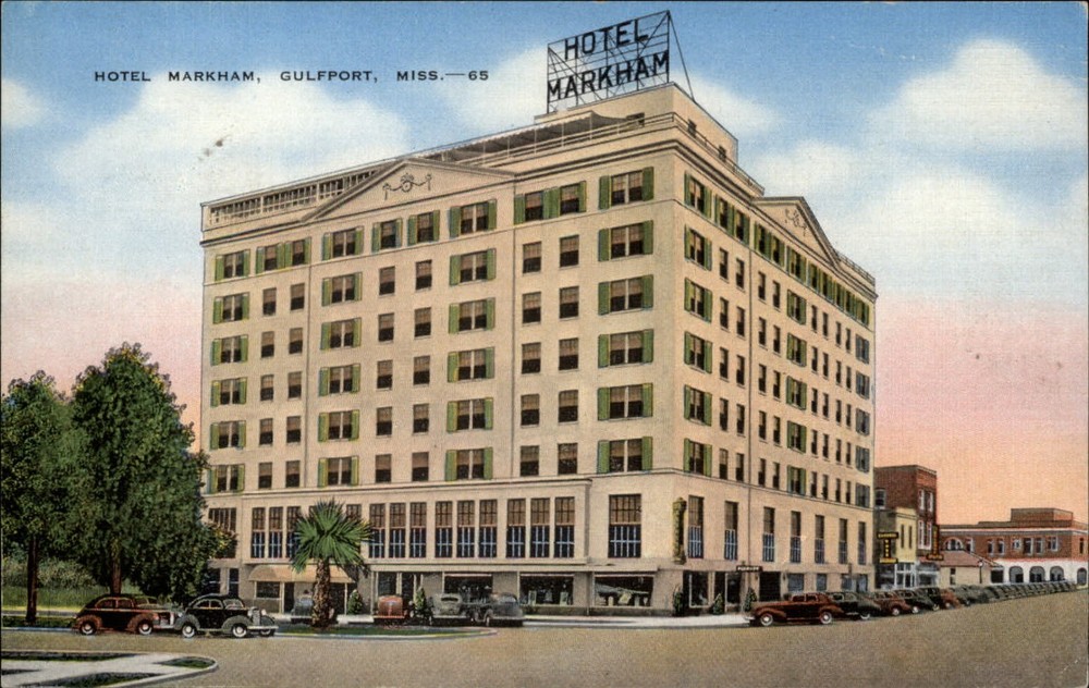 Gulfport Mississippi Hotel Markham 1930-40s cars unused vintage linen postcard