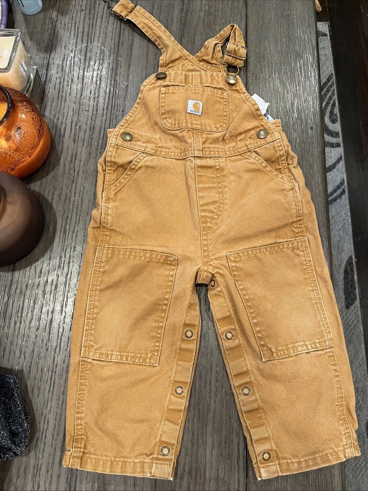 Carhartt Kids Toddler Tan Canvas Double Knee Bib Overalls Brown 24M