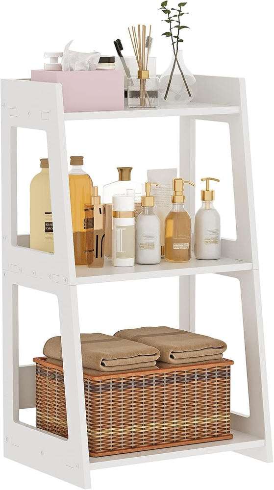 3-Tier Bathroom Ladder Shelf Freestanding, White Floor Shelves Open Shelving Uni