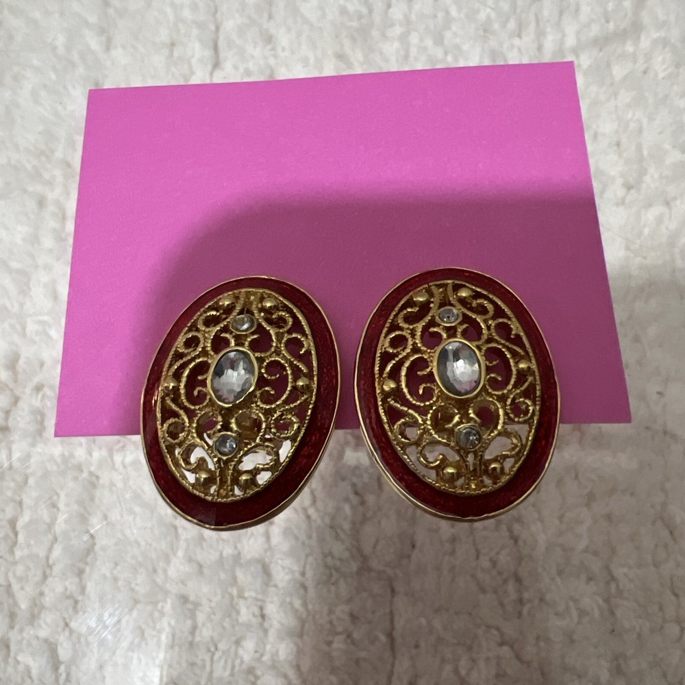 Gold-Tone With Red Accents Textured Clip-On Earrings, 1”  Vintage 1980s