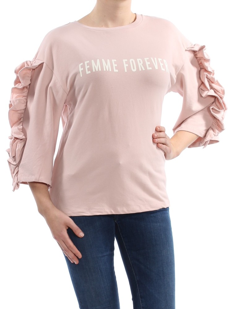 POLLY & ESTHER Womens Pink Ruffled Long Sleeve Jewel Neck Top Size: M