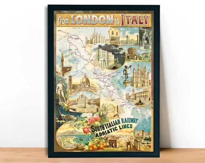 From London to Italy South Italian Railways Vintage Travel Poster