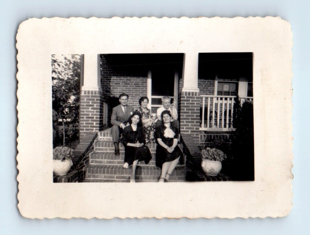 Old Vintage Photo MEN LEGGY WOMEN SITTING ON PORCH STEPS BRICK HOUSE SNAPSHOT