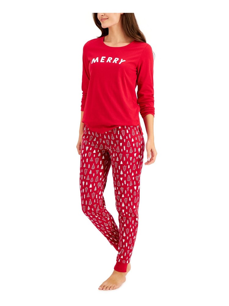 Festive Red Family Pajama Set - Long Sleeve Top & Cuffed Pants XS