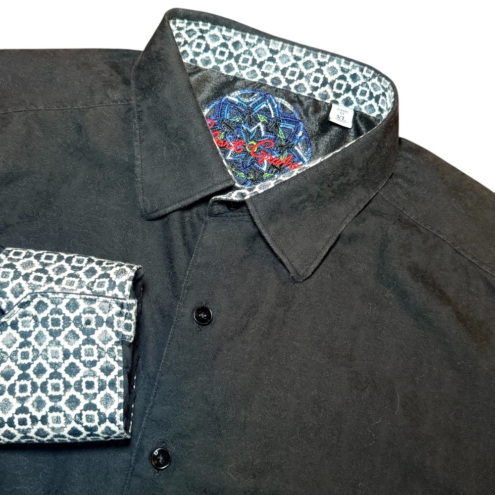 Robert Graham Mens XL Black Jacquard Damask Button Up Shirt Classic Long Sleeve