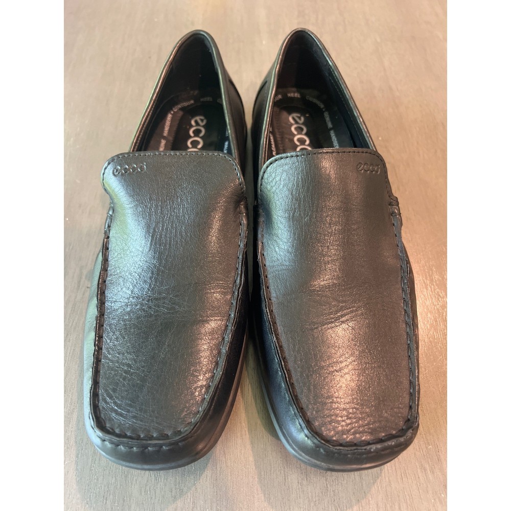 ECCO Mens Black Leather Loafers Handsewn Moc Toe Extra Width EU 46 US 12-12.5