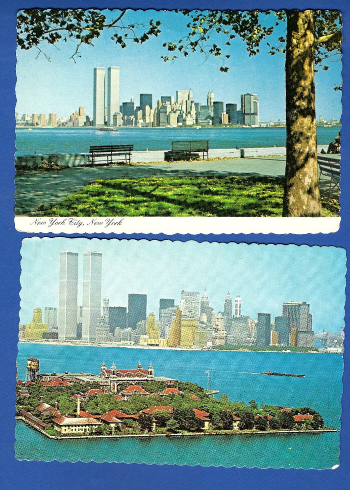 set of 2 postcards, World Trade Center, twin towers, New York city