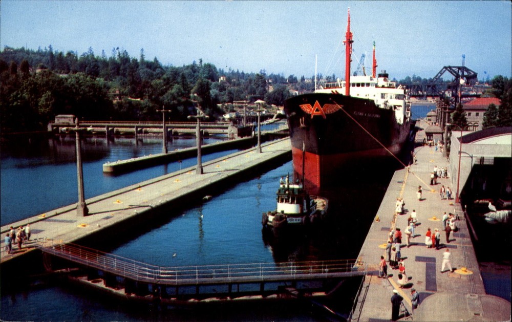 Government Locks Seattle Washington tanker ship ~ 1960s vintage postcard