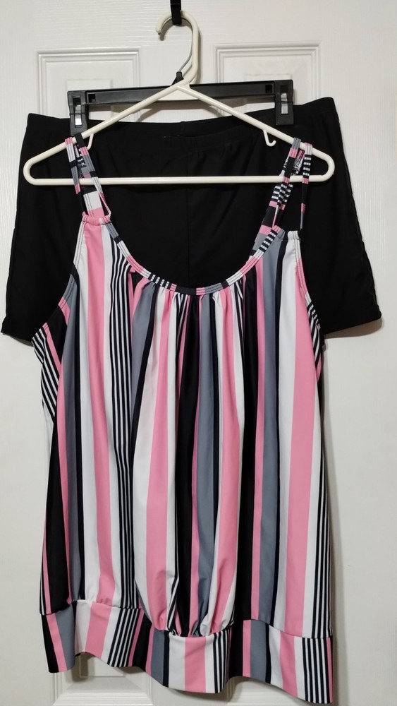 Pink Black White Striped Tankini Set 3XL Adjustable Straps Polyester Women's