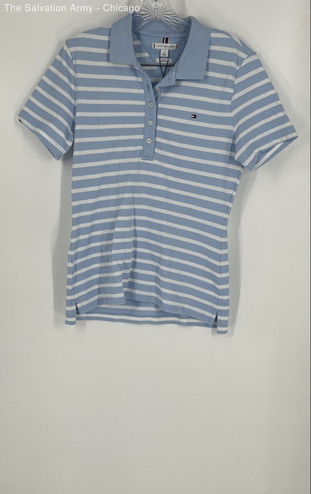 Tommy Hilfiger Womens Blue White Striped Short Sleeve Slim Fit Polo Shirt Size M
