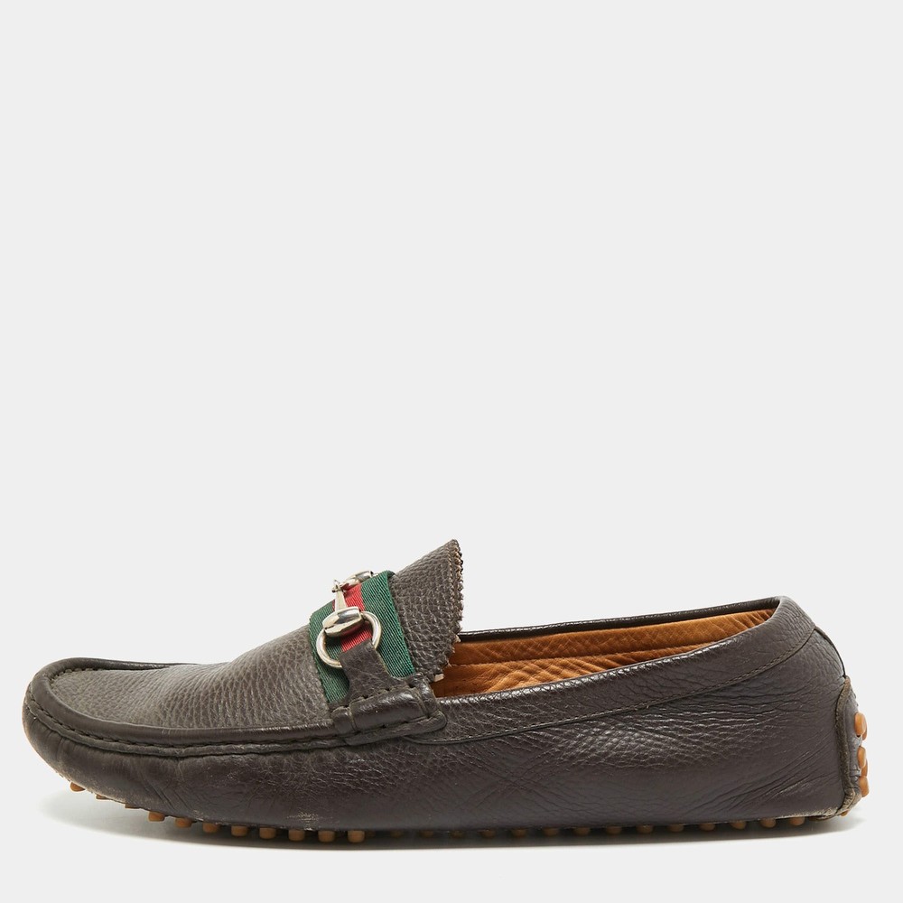 Gucci Web Size 43.5 Dark Brown Leather Horsebit Slip On Loafers