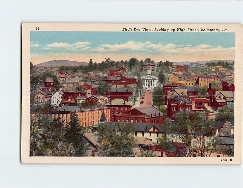 Postcard Birds Eye View Looking up High Street Bellefonte Pennsylvania USA