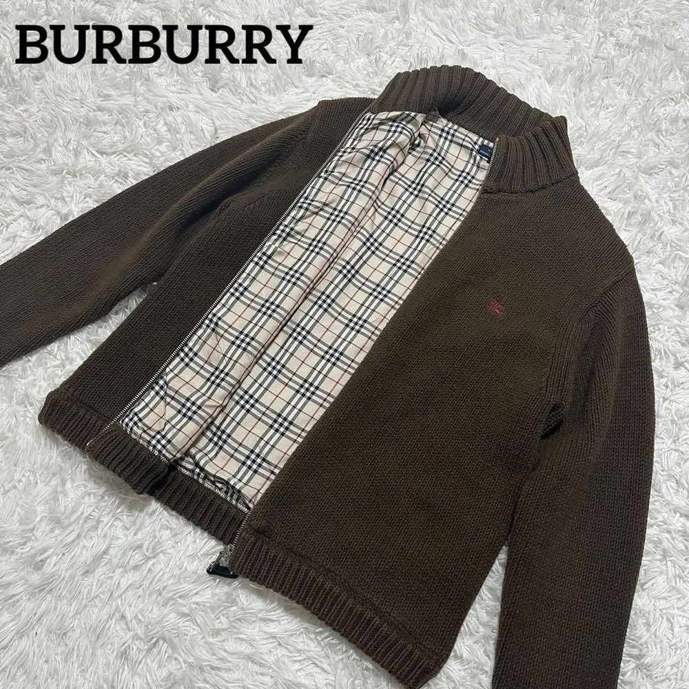 Burberry Blue Label Women's Full Zip Knit Sweater Nova Check Olive M/L