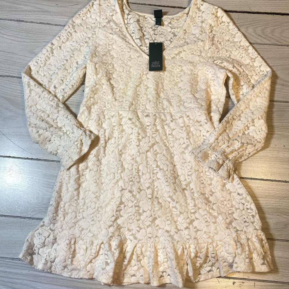 Wild Fable Dress Mini Ruffle Lace Overlay Long Sleeve V Neck Ivory XL NWT