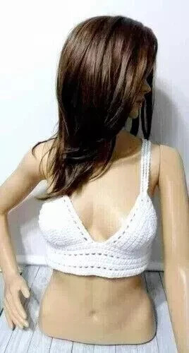 crochet womans handmade summer top crop bikini bra a/b s/m/l white USA made new