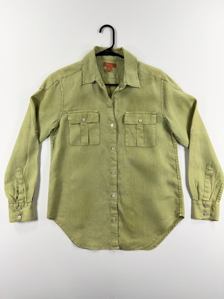 Tommy Bahama Relax Women's Button-Down Shirt Size XS Green Linen Long Sleeve
