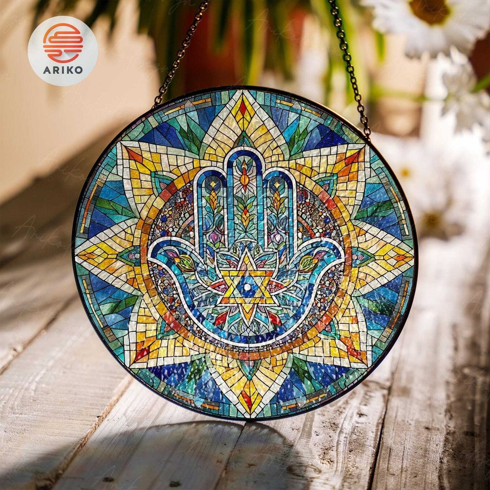 Christmas Star Of David With Hamsa Glass Suncatcher Jewish Menorah Window