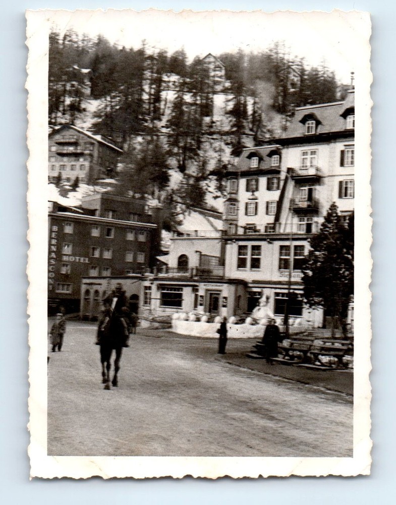Old Vintage Photo MAN HORSE ST MORITZ SWITZERLAND TOWN VILLAGE SCENE SNAPSHOT