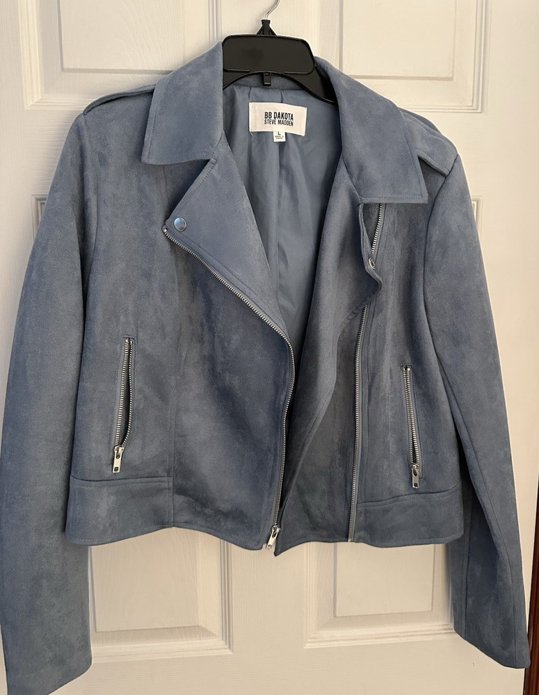 BB Dakota Steve Madden Faux Suede Moto Jacket Asymmetrical Zip Light Blue Size L