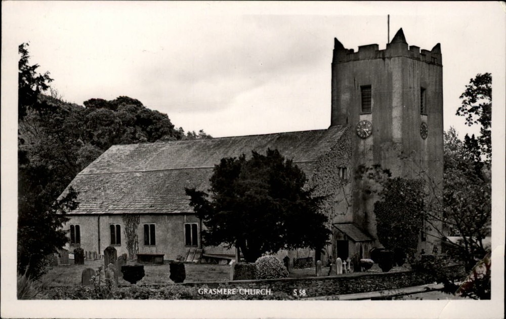 RPPC Grasmere Church England clock bell tower ~ real photo postcard