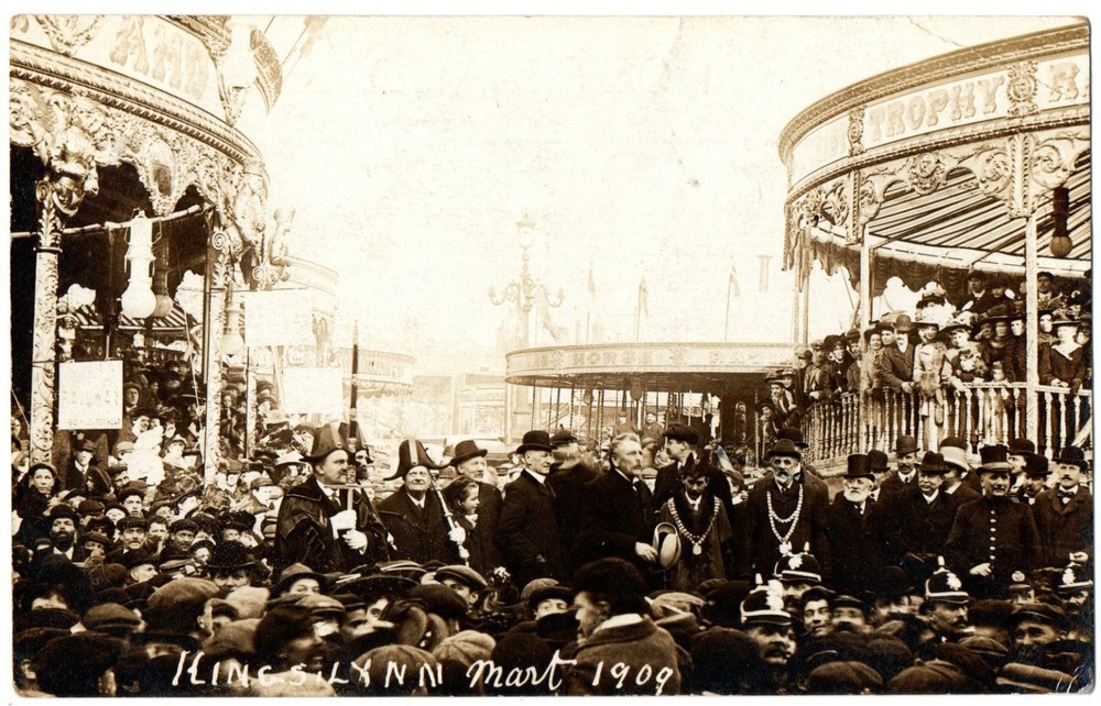 fairground Norfolk 1909 Kings Lynn RPPC with official people Mayor etc ref 126