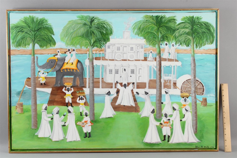 MAI MARI WATTS Folk Art Oil Painting NILE RIVER Egypt Riverboat Procession, NREmperor Selassie ..NO RESERVE ..Possible FREE Delivery