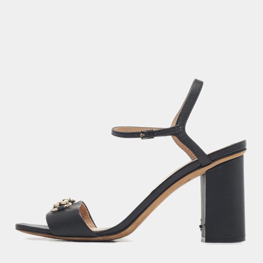 Gucci Black Leather Horsebit Ankle Strap Open Toe Block Heel Sandals Size 41