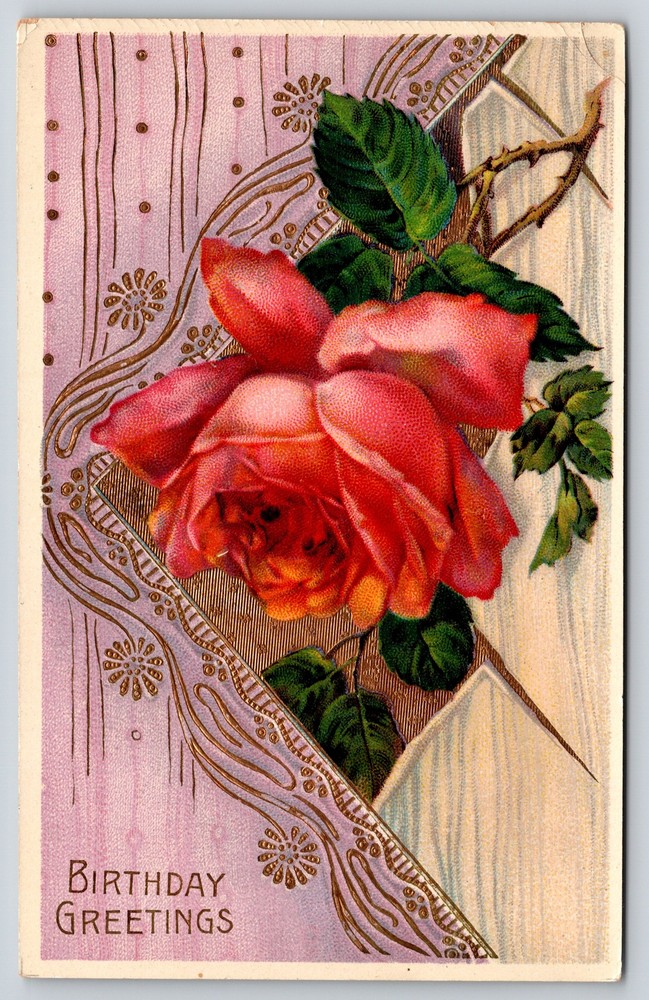 Greetings~Red Rose Purple Frame Birthday Greeting~Vintage Postcard