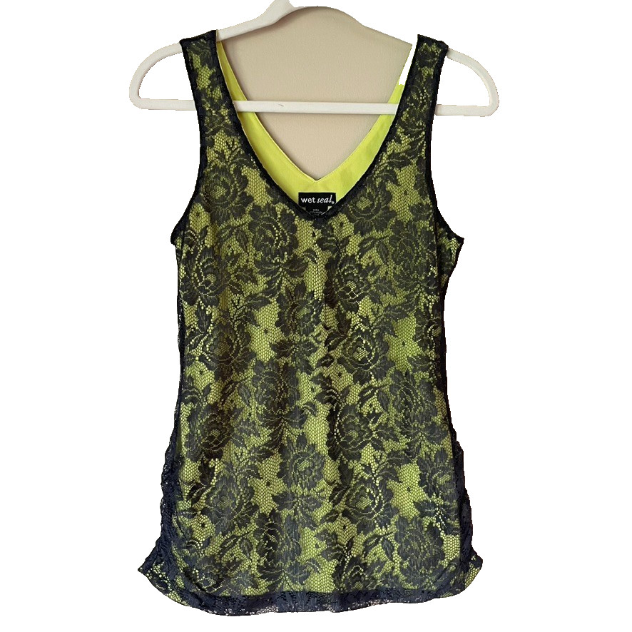 Wet Seal Neon Green Black Lace Ruched Sides Lined Y2K Goth Tank Top Size Large