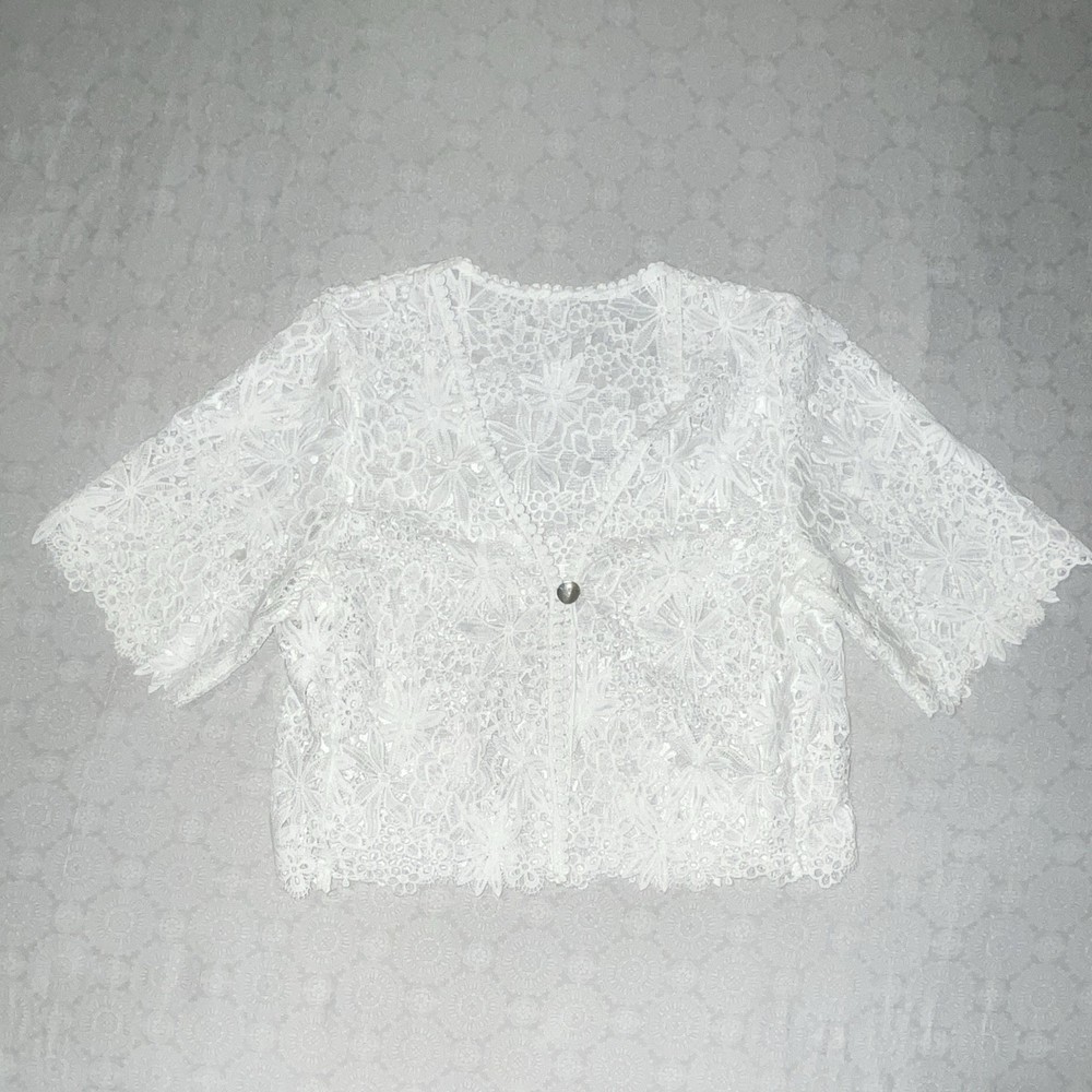 Women’s White Floral Lace V-Neck 3/4 Sleeve Button Front Sheer Blouse M