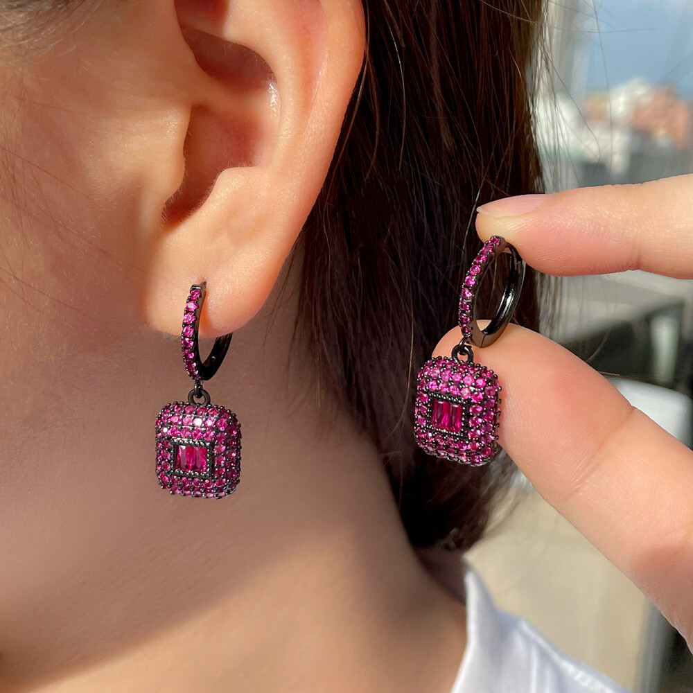Women Black Gold Plated Hot Pink Cubic Zirconia Hoop Square Drop Dangle Earrings