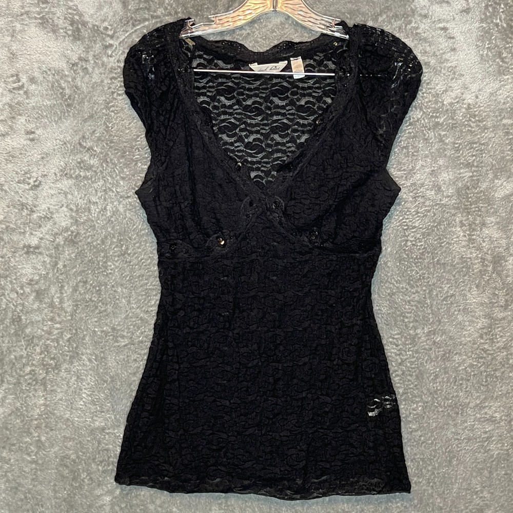 Women Size L Gothic Whimsigoth Fairy Grunge Beaded Lace Sheer Babydoll Top Black