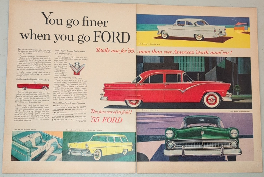 1955 Ford Vintage 2-Pg Print Ad Fairlane Sedan Country Wagon V8 Power Sunliner