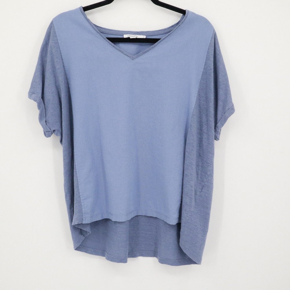 Chico's Linen Cotton Top Womens L Blue Resort Vacation Casual Boho Beachy