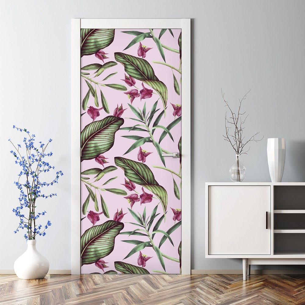 Removable Door sticker Pink Tropical Flowers Exotic Leaves Exotic self adhesive