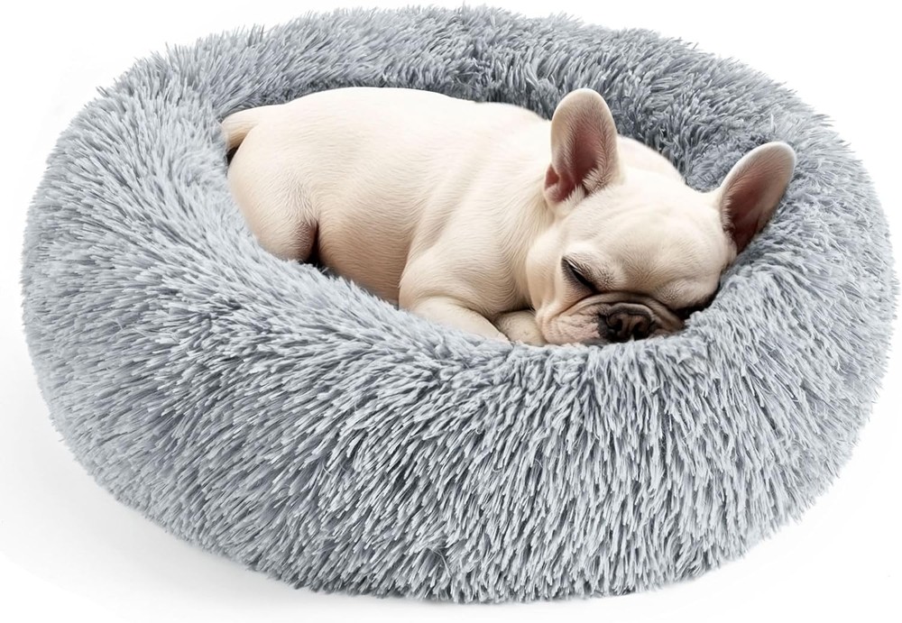 Calming Donut Pet Bed for Small & Medium Dogs Cats Washable Light Grey