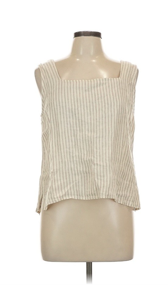 Esby beige white striped linen square neck sleeveless button back tank top L