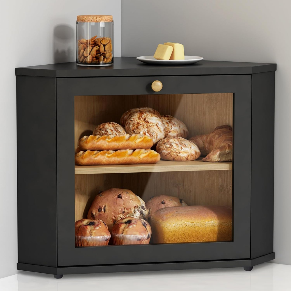 Corner Bread Box for Kitchen Countertop, Black Bread Storage Container for Homem