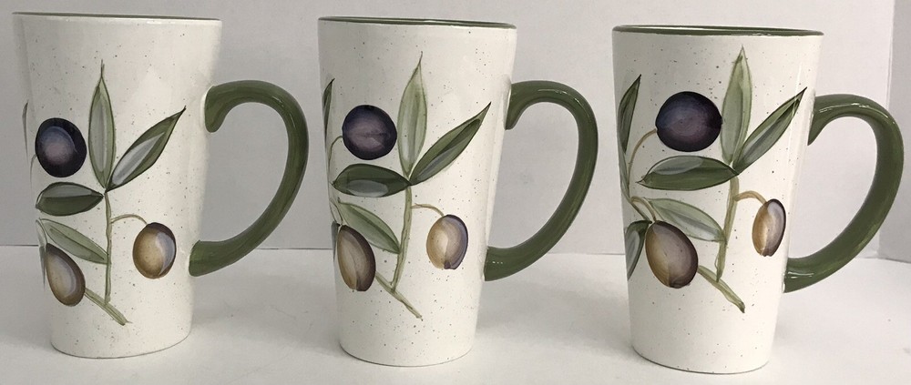 Pier 1 Sorrento Earthenware Tall Coffee Mugs x 3 White Green Purple Olives READ