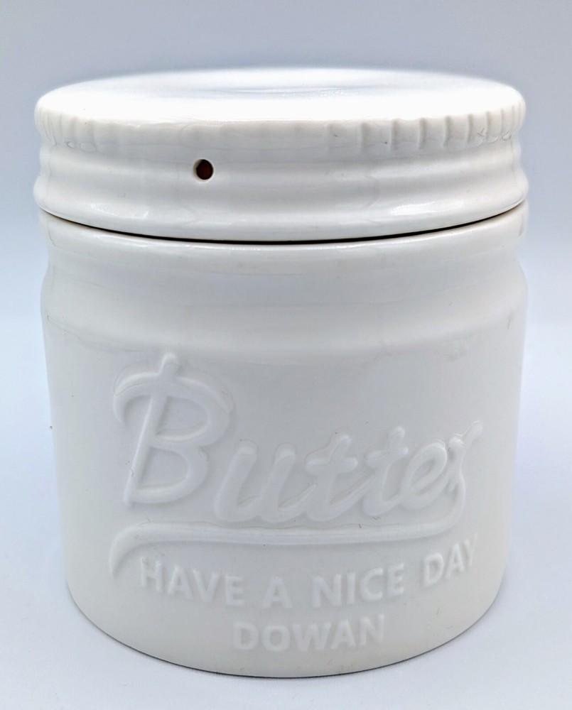 French Butter Bell Crock in Mason White with Embossed Have a Nice Day Design by Dowan