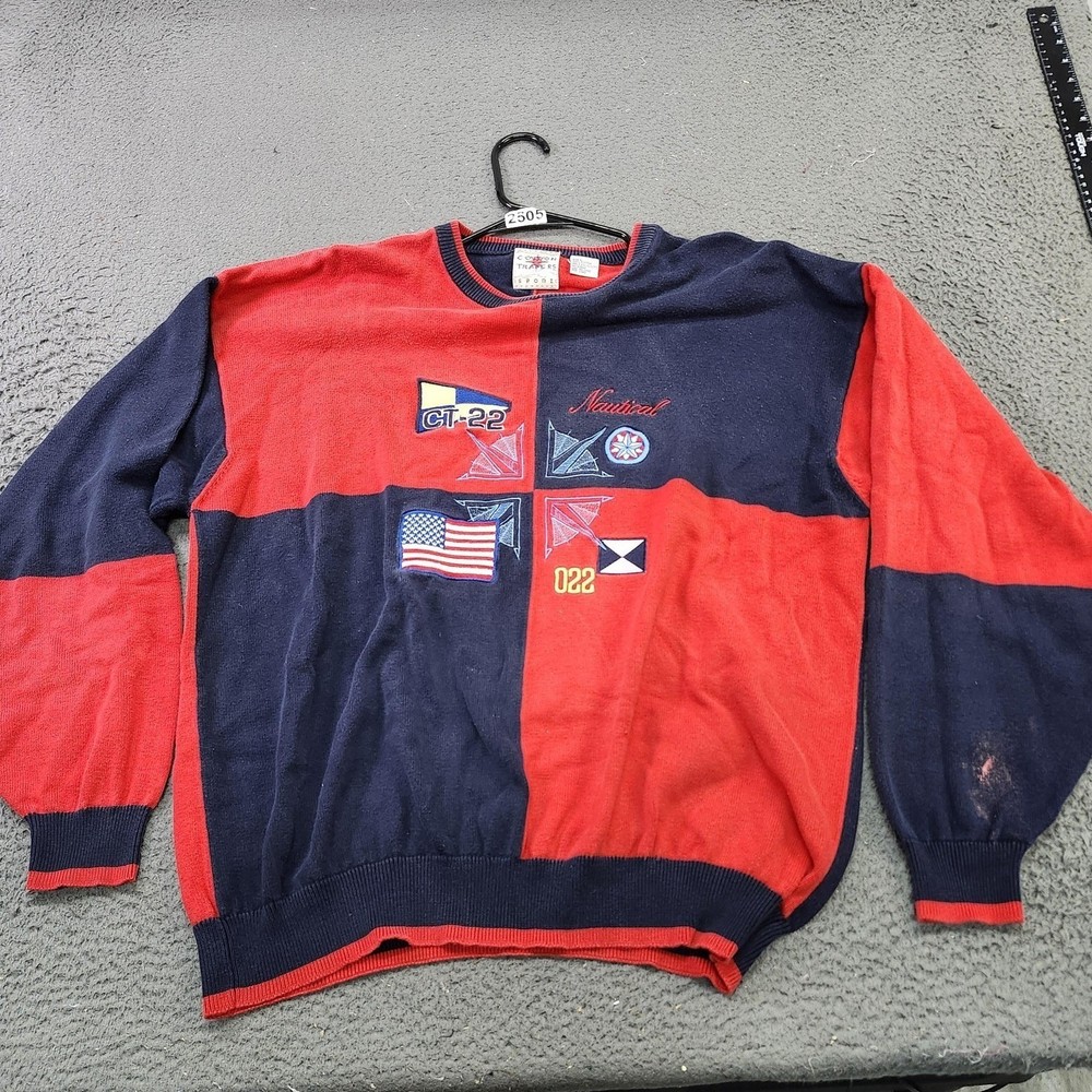 Vintage Cotton Traders Sweater Mens Large Red Navy Nautical Flag Colorblock 90s