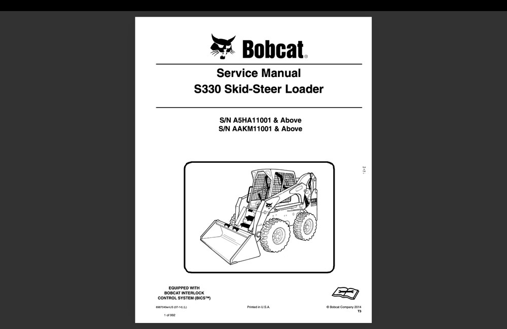 Bobcat S330 S/N A5HA11001  Service Repair Manual, Workshop Manual