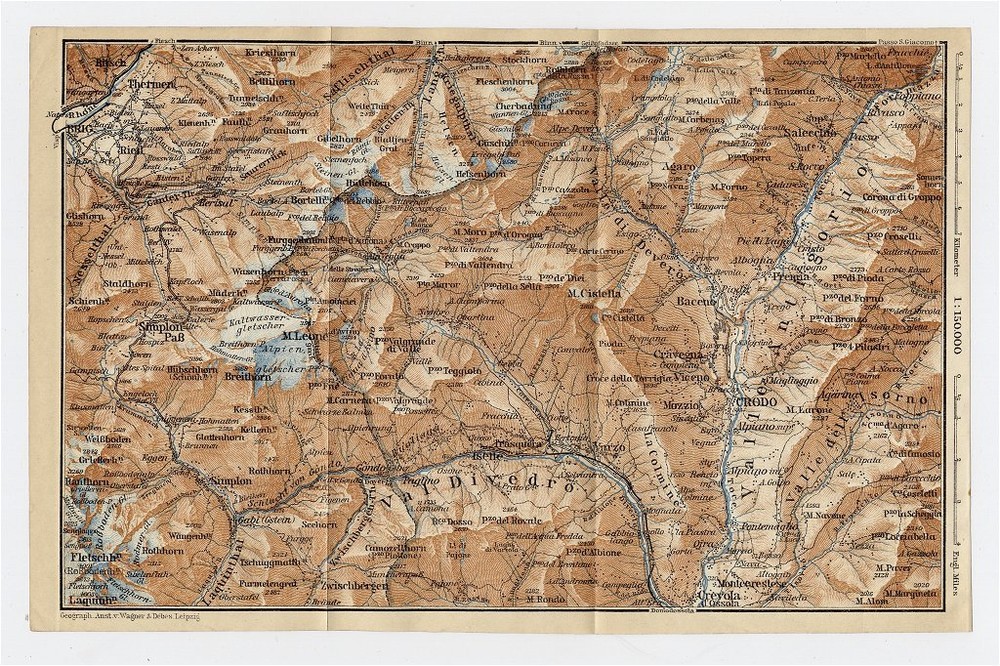 1930 Original Vintage Map Of Vicinity Of Crodo Italy / Brig Switzerland